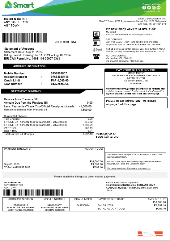 Philippines Smart business utility bill Word and PDF template PSD template